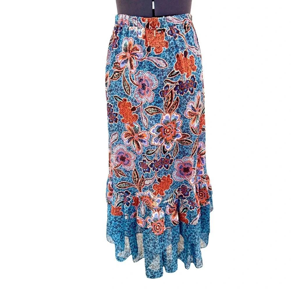 NWT MISA Los Angeles Esti Floral High-Low Midi‎ Skirt Ruffle Trim Cerulean Sz XS